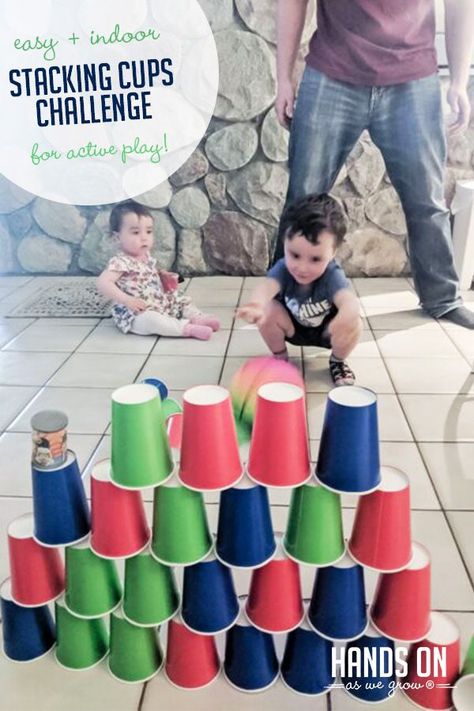 Great active and creative energy buster for kids that are stuck inside. Love that all I need is cups for this stacking challenge! Easy Outdoor Activities For Toddlers, Indoor Activity For Toddlers, Cup Stacking, Childhood Activities, Indoor Activities For Toddlers, Activity For Toddlers, Busy Activities, Simple Activities, Activity Room