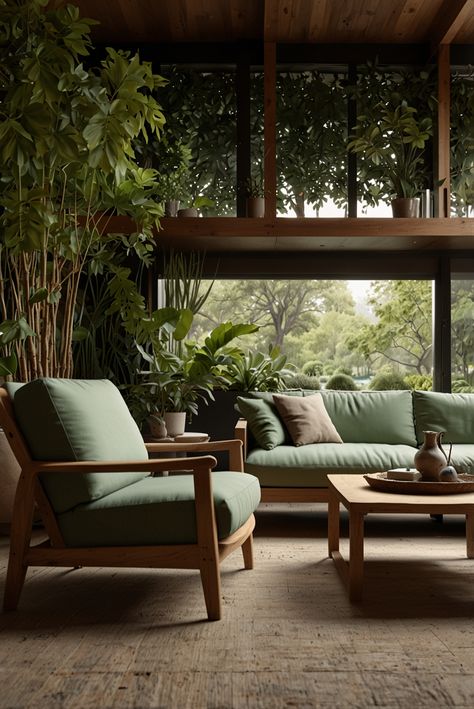 Light Green Couch, Boho Sitting Area, Rustic Wooden Coffee Table, Lush Plants, Green Couch, Matching Chairs, Wooden Coffee Table, Cozy Nook, Sitting Area