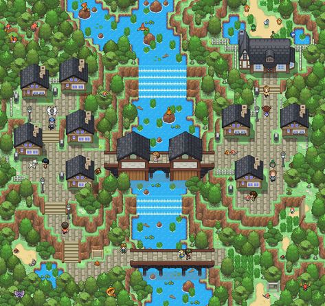 Starter Town: Bridgeton by Phyromatical Pokemon Towns, Pokemon Dungeon, How To Pixel Art, Pokemon Rpg, Pokemon Project, Video Game Sprites, Pixel Art Pokemon, Cool Pixel Art, New Retro Wave