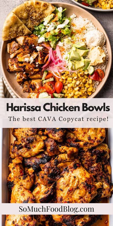 These Harissa Chicken Bowls are inspired by the popular bowl at CAVA! Loaded with tender harissa-marinated chicken, steamed rice, veggies, and drizzled with a tangy harissa vinaigrette. Cava Greek Bowl, Cava Harrisa Chicken, Honey Harissa Chicken Bowl, Cava Lemon Chicken Bowl Copycat, Cava Chicken Marinade, Harissa Avocado Bowl Cava, Harissa Pork Chop, Cava At Home Recipes, Honey Harrisa Chicken Recipe