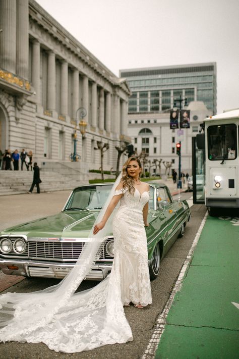 Lowrider Bride at San Francisco City Hall. Rocio Rivera Photography Lowrider Wedding Ideas, Lowrider Wedding, Lowrider Photography, San Francisco City Hall, Lowrider Cars, San Francisco City, Low Rider, Lowrider, Wedding Pics