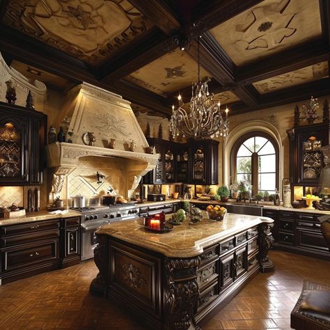 Tuscan Luxury Homes, Large Victorian Kitchen, Kitchen In Mansion, Vintage House Kitchen, Dark Academia Interior Design Kitchen, Victorian Mansion Kitchen, House Inspo Kitchen, Old Mansion Kitchen, Estate Home Interior