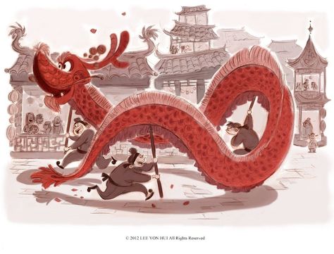 Dragon Dance by Mokomiki.deviantart.com on @DeviantArt Dragon Dance Illustration, Chinese Dragon Dance, Dancing Dragon, Lunar New Year Dragon, Lunar New Year Celebration, Dragon Chino, Dancing Drawings, New Year Illustration, Dragon Dance