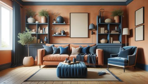 terracotta and navy blue living room Navy Rust And Sage Living Room, Navy Blue And Terracotta Living Room, Cognac And Blue Living Room, Terracotta Living Room Ideas, Blue And Orange Colour Palette, Terra Cotta Living Room, Navy Sofa Living Room, Blue And Orange Living Room, Terracotta And Blue