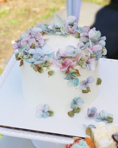 Pastries Packaging Ideas Birthday Cake With Hydrangea Flowers, Hydrangea Birthday Cake, Hydrangea Birthday Party, Flower Petal Cake, Wafer Flower Cake, Wedding Cake Wafer Paper, Wafer Paper Flowers Cake, Gentlemen Cake, Cakes In A Cup