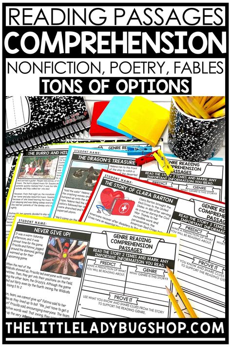 Reading Comprehension Passages and Questions 3rd Grade, 4th Grade, 5th Grade. You will love finding endless passages for any genre, subject, and skill. Find Nonfiction, Fiction, Poetry, Fables, Figurative Language. Perfect for small group, substitute asssignments, test prep and more! Take a peek at all the sets today. #thelittleladybugshop #readingcomprehension #readingpassages Writing Mini Lessons, 5th Grade Ela, Poetry Activities, Mind Reading, Writing Curriculum, Reading Motivation, Realistic Fiction, Comprehension Skills, Language Arts Elementary