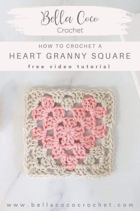 Learn how to crochet a heart granny square Heart In Square Crochet, Heart Granny Squares Crochet Pattern, Cute Granny Square Projects, Heart In Granny Square Pattern, Free Crochet For Beginners, Crochet Granny Heart Square, Granny Squares Beginner, Girly Granny Square, Crochet Heart Granny Square Tutorial