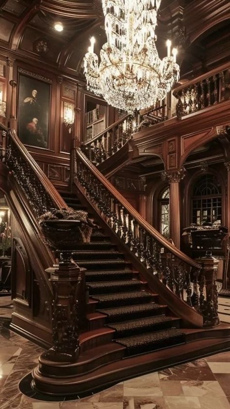 Castle Grand Staircase, Victorian Homes Staircase, Victorian Entryway Ideas, Old Mansions Interior Victorian, Regency Staircase, Big Victorian Mansion, Baroque Staircase, 1800s House Interior, Victorian House Aesthetic