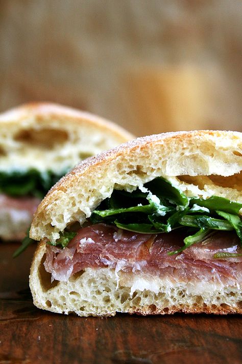 For Gabrielle Hamilton, the success of this prosciutto and arugula sandwich relies on a delicate balance, "the perfection of three fats together — butter, olive oil, and the white fat from prosciutto or lardo." Served on (faux) ciabatta bread, it's delicious. // @alexandracooks Arugula Sandwich, Prosciutto Sandwich, Light Sandwiches, Ciabatta Bread, Burgers Sandwiches, Delicious Sandwiches, Wrap Sandwiches, Sandwich Recipes, Arugula