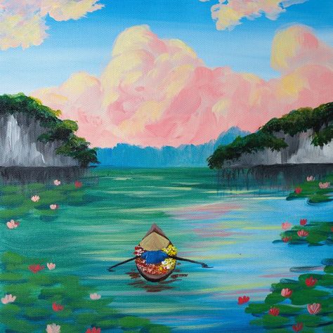 Vietnam Art Painting, Cute Canvas Ideas, Canoe Paddle Art, Vietnam Halong Bay, Bay Painting, Bento Cute, Vietnam Painting, Paddle Ideas, Halong Bay Vietnam