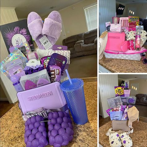 I Make Diff Colors I Tried To List Them But I Think K Did In Title Valentines Gift Basket Ideas, Valentines Gift Basket, Purple Basket, Pink Gift Basket, Girl Gift Baskets, Valentine Gift Baskets, Birthday Basket, Cute Gifts For Friends, Diy Birthday Gifts For Friends