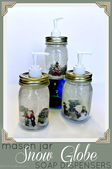 Dollar Store Mason Jar Snow Globe Soap Dispensers - Mad in Crafts Mason Jar Snow Globe, Uses For Mason Jars, Jars Snow, Jar Projects, Mason Jar Soap Dispenser, Mason Jar Projects, Diy Snow Globe, Mason Jar Ideas, Diy Jar Crafts