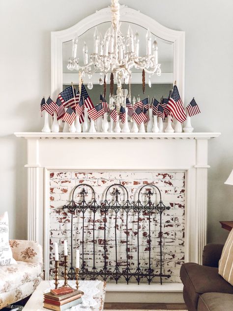 Fourth of July Mantel - LeCultivateur Milk Glass Display, Milk Glass Decor, Mantle Ideas, Cottage Core Decor, Milk Glass Collection, July Ideas, Fourth Of July Decor, Milk Glass Vase, July Decor