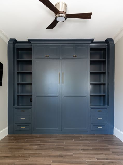 Guest Room murphy bed - Bedroom - Other - by Associate Interiors | Houzz Bonus Room Murphy Bed, Murphy Bed Shelving, Guest Room Murphy Bed, Modern Murphy Bed Ideas, Dark Penthouse, Transitional Family Room Ideas, Murphy Bed Office Guest Bedrooms, Office Murphy Bed, Enclosed Office