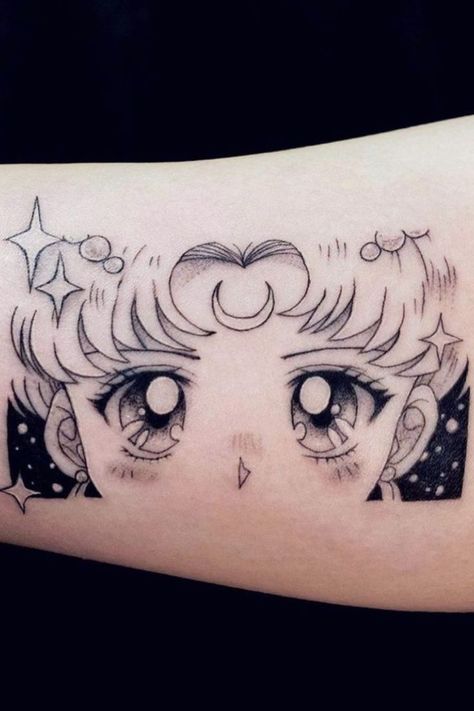 Tattoo by Shellbee Sailor Moon Sleeve Tattoo, Sailor Moon Eyes Tattoo, Sailor Moon Manga Tattoo, Salior Moon Tattoos, Sailor Moon Flash Tattoo, Anime Eyes Tattoo Ideas, Sailor Moon Cat Tattoo, Sailor Saturn Tattoo, Sailor Moon Tattoo Design