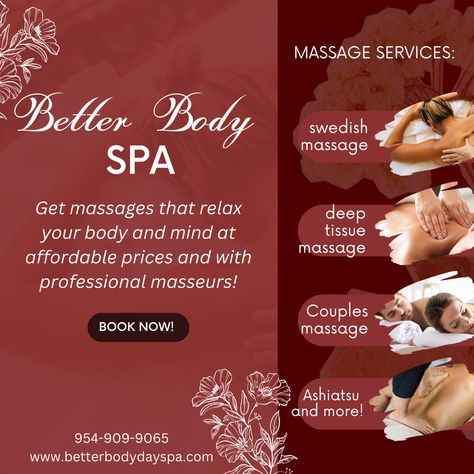 Book a massage with us today by giving us a call at 954-909-9065! First time clients receive 10% OFF on any full price service! #spa #massage #fortlauderdale Massage Ads, Massage Poster, Massage Promotion, Body Massage Spa, Program Fans, Couples Book, Turmeric Latte, Swedish Massage, Better Body