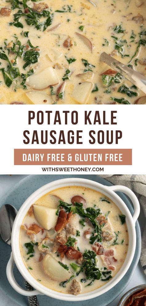 Potato Kale Sausage Soup Dairy Free Zuppa Toscana Soup, Kale Sausage Soup, Vegan Zuppa Toscana, Sausage Potato Kale Soup, Dairy Free Potato Soup, Kale Potato Soup, Kale Sausage, Sausage Potato Soup, Vegan Potato Soup