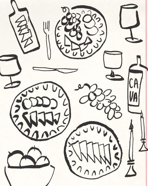 Dinner Party Sketch Phthalo Ruth Party Sketch, Party Drawing, Doodle Animation, Ideas For Drawing, Menu Illustration, Food Doodles, Food Sketch, Doodle Illustration, February 10