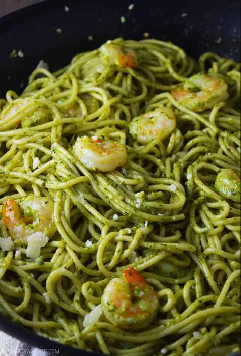 Delicious and easy date-night pesto shrimp pasta made with fresh homemade basil pesto and shrimp sauteed in garlic and olive oil. #pastarecipes #pasta #pestoshrimp Grammas Recipes, Pesto Shrimp Pasta, Basil Pasta Recipes, Shrimp Pasta Recipes Easy, Shrimp Pesto Pasta, Shrimp Pasta Recipe, Pesto Pasta Recipe, Pasta With Shrimp, Skillet Shrimp