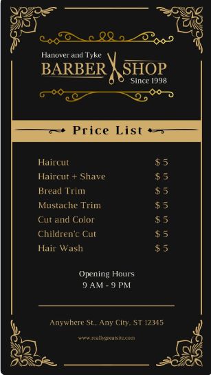 Gold and Black Vintage Lines Barbershop Price List Canva Template Barbershop Price List, How To Trim Mustache, Hair Saloon, Barbershop Design, Vintage Barber, Price List Template, Rack Card, List Template, Album Design