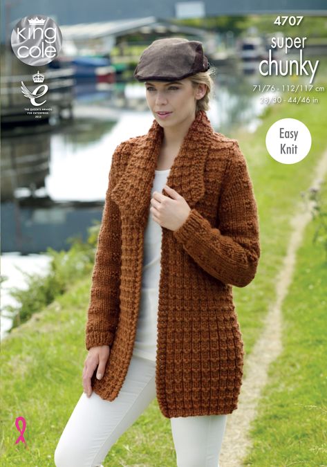 Easy to Follow Jacket & Sweater Knitted with Big Value Super Chunky Knitting Patterns - King Cole Cable Cardigan Knitting Patterns, Romantic Crochet, Chunky Jacket, Free Knitting Patterns For Women, Cardigan Sweater Pattern, Ladies Cardigan Knitting Patterns, Womens Knitting Patterns, Textured Coat, Sweater Patterns