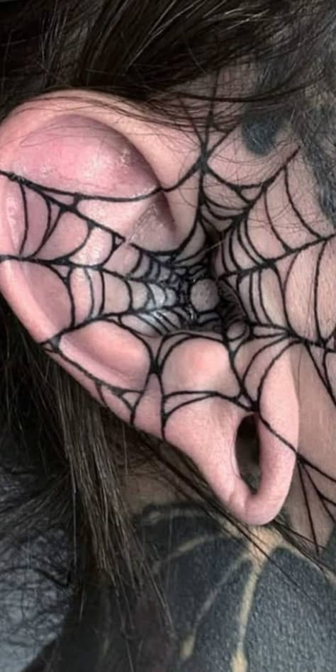 Goth Drawings Dark, Spiderweb Ear Tattoo, Goth Neck Tattoo, Blackout Neck Tattoo, Traditional Throat Tattoo, In Front Of Ear Tattoo, Tattoo Ideas Summer, Dark Tattoo Ideas, Hairline Tattoos