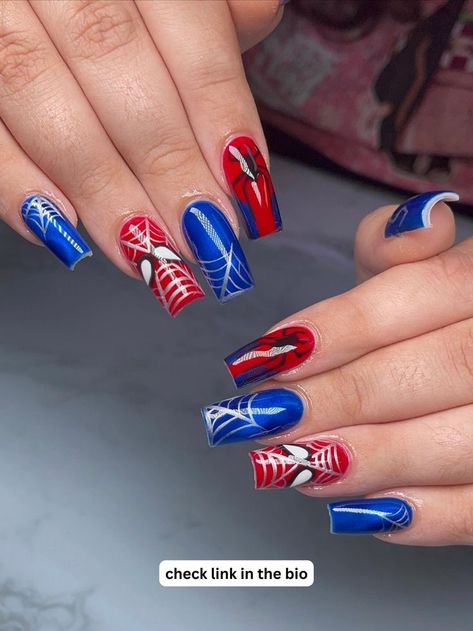 Spider-Man nails Spiderman Nail Art Designs, Superhero Nail Designs, Spiderman Nails Designs Easy, Blue Spiderman Nails, Easy Spider Man Nails, Simple Spider Man Nails, Simple Spiderman Nails, Spider Man Nails Short, Spider Man Nails Acrylic