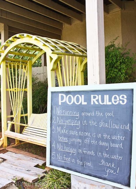 If you have a pool and kids, you probably spend a lot of time yelling at the kids, “no running around the pool!”, “no jumping in the shallow end!” Norwex Window Cloth, Chalkboard Contact Paper, Pool Rules Sign, Running Signs, Chalkboard Vinyl, Pool Party Kids, Party Rules, Pool Rules, Diving Board