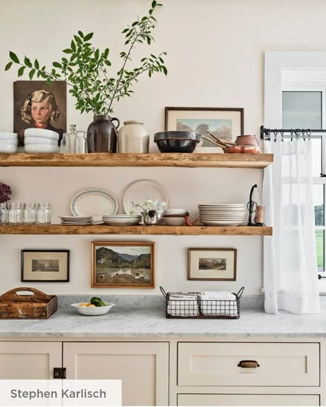 Rustic Kitchen Shelves, Georgiana Design, Cabinet Trends, Kitchen Cabinet Trends, White Shiplap Wall, Open Kitchen Shelves, Farmhouse Dining Room, Modern Farmhouse Style, Farmhouse Dining