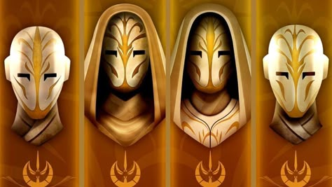 The Jedi Temple Guard was a security force maintained by the Jedi Order and tasked with the protection of the Jedi Temple on Coruscant, the capital planet of the Galactic Republic. An ancient and honored tradition in Jedihistory, the Temple Guards were Jedi Knights plucked from the ranks to become anonymous sentinels as part of their lifelong commitment to the Order. Concealed within formal robes and a mask, the life of a guardsman was a higher calling that required absolute emotional detachment Star Wars Temple Guard Art, Jedi Temple Guard Mask, Jedi Mask Concept, Jedi Order Ranks, Jedi Temple Guard Art, Jedi Shadow, Jedi Sentinel, Jedi Temple Guard, Formal Robes