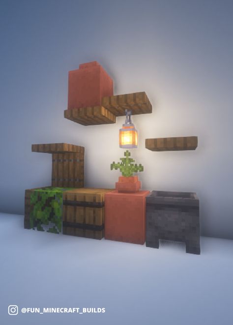 Simple Minecraft workspace using pots, trap doors, barrels and a cauldron. Great idea for outdoor Minecraft designs. Cauldron Minecraft, Minecraft Cauldron, Minecraft Hallway Designs, Minecraft Iron, Build Inspiration, Trap Door, Minecraft Inspiration, Cute Minecraft Houses, Hallway Designs