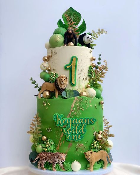 Jungle Safari Cake, Jungle Birthday Cakes, Green Birthday Cakes, Jungle Theme Cakes, Twin Birthday Cakes, Boys 1st Birthday Cake, Safari Cake, Tiered Cakes Birthday, Animal Birthday Cakes