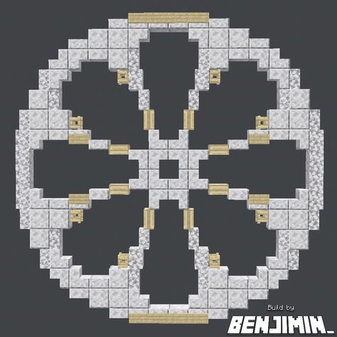 15.5 diameter Rose Windows! 🔥 But with a 2x2 center 🧍‍♂️ How 15.5 block wide diameter? I look at blocks in pixels which allows me to, with the use of stairs, walls, slabs, skulls, trap doors, gates and signs, create even smoother circles and shapes! 💪🏻 Why the 2x2 center? Cause I wanted to challenge myself! I love giving myself a challenge and this certainly was one. I do think I managed pretty well in the end. (Even though some look a bit too square-ish for my taste) 👀 Swipe for full pict... Minecraft Circle Design, Circle Door Minecraft, Ancient Greek Minecraft, Circle Window Minecraft, Minecraft Benches, Minecraft Circle Window, Minecraft Spiral Stairs, Minecraft Skull Build, Circle In Minecraft