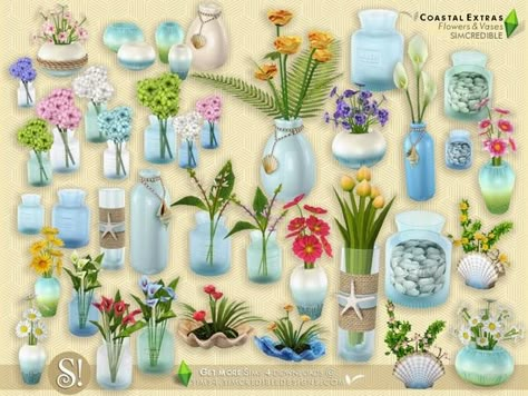 SIMcredible!'s Coastal Extras - Flowers and Vases Sims 4 Cc Clutter Plants, Sims 4 Cc Furniture Plants, Sims 4 Cc Flowers Decor, Sims Plants Cc, Funiture Sims 4 Cc, The Sims 4 Cc Plants, Plants Sims 4, Sims 4 Cc Flowers, Simcredible Sims 4