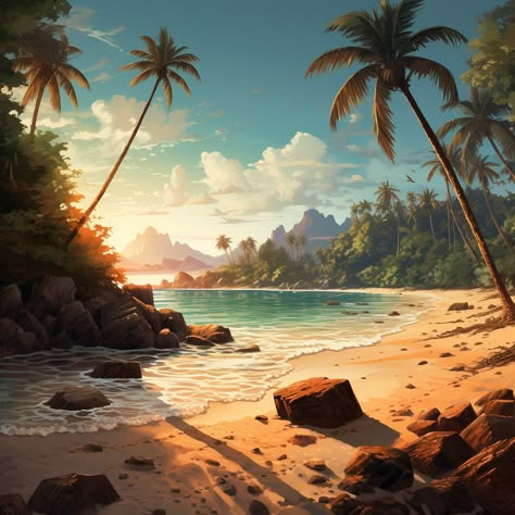 Paradise Island Fantasy Art, Tropical Island Painting, Tropical Island Fantasy Art, Beach Digital Painting, Fantasy Beach Aesthetic, Tropical Landscape Art, Tropical Fantasy Art, Island Art Tropical, Fantasy Island Art