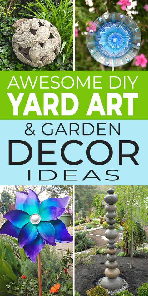 Garden & yard art are a great way to add focus and interest in the garden. Create DIY garden decor and art for your yard, using these ideas for inspiration! Diy Lawn Decor Front Yards, Garden Art Crafts Diy, Outdoor Garden Ornaments, Diy Garden Ornaments Ideas, Diy Flower Garden Decor, Diy Garden Art Projects, Yard Art From Old Dishes, Easy Diy Yard Decor, Diy Outdoor Garden Decor Projects