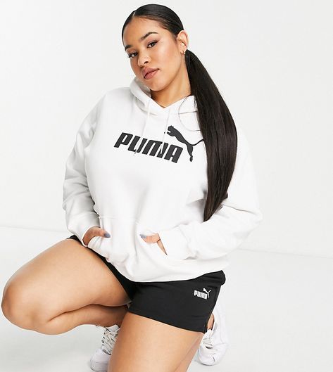 Plus-size hoodie by PUMA Dressed to chill Drawstring hood Logo to chest Pouch pocket Ribbed trims Relaxed fit Essentials Logo, White Hoodie, Pocket Pouch, Adidas Jacket, Latest Trends, Graphic Sweatshirt, Asos, Athletic Jacket, Pouch