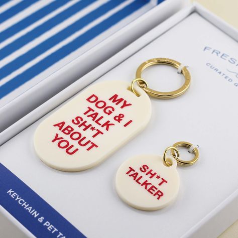 The perfect gift set doesn't exist... wait yes it does! Our new limited edition Sh*t Starter Keychain & Pet Tag Holiday Set features a new pill keychain that says, "My Dog & I Talk Sh*t About You" and a coordinating pet tag that says, "Sh*t Starter". Each holiday set is made to order and handcrafted from our high-quality Cream acrylic and comes packaged in our signature Freshwater gift box for easy gift giving. My Dog And I Talk About You, Christmas Ideas For Dogs, It Girl Gifts, Neice Gifts, Christmas Gifts For Sister In Law, Gifts For Mother To Be, Dog Tag Ideas, Christmas Present For Best Friend, Pet Products Design