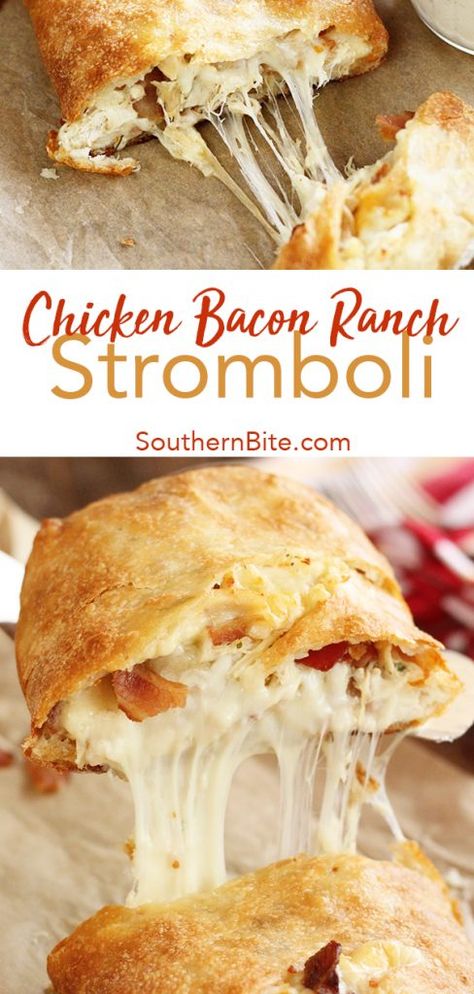 You only need 5 ingredients to get this quick and easy Chicken Bacon Ranch Stromboli on the table. It'll be your family's new favorite supper recipe! Easy Skillet Dinner, Stromboli Recipe, Chicken Ranch, Bacon Chicken, Chicken Bacon Ranch, Bacon Ranch, Supper Recipes, Football Food, Chicken Bacon