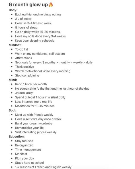 Don’t wait until the new year start now! Month Glow Up Plan, Glow Up Plan, Glow Up Checklist, Self Esteem Affirmations, 8 Hours Of Sleep, 2024 Vision Board, Stop Complaining, Water Exercises, Kawaii Stuff