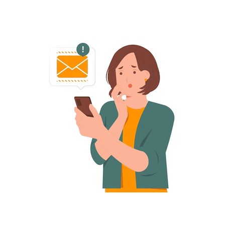 Vector worried frustrated woman shocked ... | Premium Vector #Freepik #vector Worry Illustration, Phone Notification, Looking At Phone, Email Notification, Concept Illustration, Premium Vector, Graphic Resources, No Worries, Quick Saves