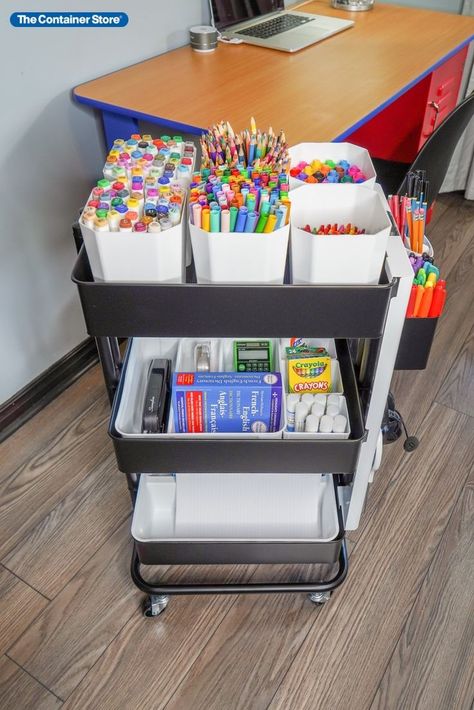 Clutterbug's Cas Aarssen used our 3-Tier Cart to create the perfect mobile art supply station. Plenty of storage space for pens, pencils, markers, glue, chalk, and more!

Shop all of our 3-Tier Carts and accessories here! Pencil Marker Organization, Teacher Three Tier Cart Ideas, 3 Tier Cart Organization Classroom, Art Supply Cart Organization, Classroom Marker Storage, Three Tier Cart Organization, 3 Tier Rolling Cart Ideas Classroom, Three Tier Cart Ideas, Art Cart Organization For Kids