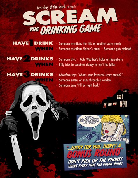 Horror Movie Alcoholic Drinks, Scream Movie Drinking Game, Scream Movie Night Ideas, Scream Themed Sleepover, Halloween Drinking Games Movie, Halloween Movie Games, Horror Themed Party Games, Scream Drinking Game, Scream Movie Party Theme