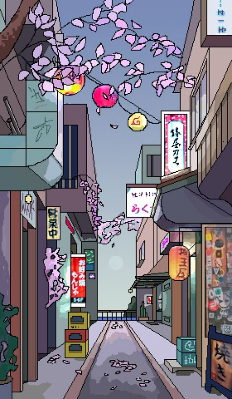 Anime Streets Wallpaper, Tokyo Streets Drawing, Japanese Streets Drawing, Digital Art Street Illustration, Tokyo Art Aesthetic, Japanese City Illustration, Japanese Street Design, Japan Street Illustration, Tokyo Street Wallpaper