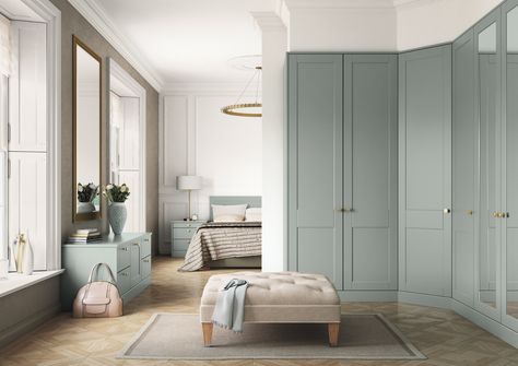 Fjord Green shaker style fitted wardrobes and matching bedroom furniture. Color Wardrobe Furniture, Sage Wardrobe Doors, Coloured Wardrobes Bedroom, Painted Bedroom Cupboards, Green Wardrobes Bedroom, Sage Wardrobe Bedroom, Sage Green Bedroom Wardrobe, Green Bedroom Wardrobe Ideas, Sage Green Built In Wardrobe