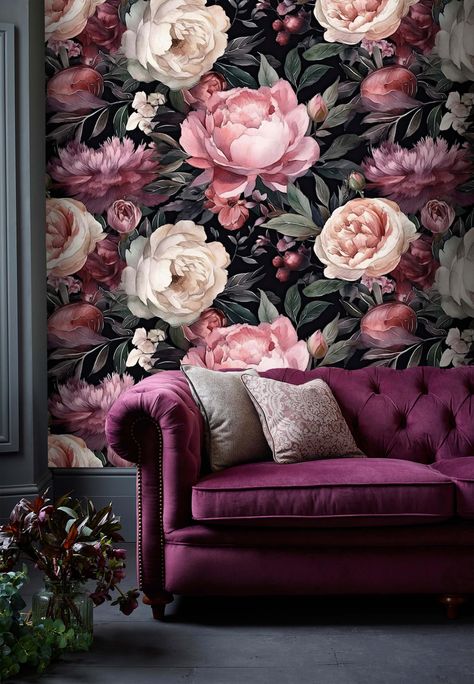 Dark floral wallpaper large flowers Peel and stick removable or Traditional accent wallpaper Bright up the interior with a variety of wallpaper and wall murals from ToBeArtInspired shop. Here you can find a high quality peel and stick and traditional wallpaper types. We have perfect solutions to decorate your home, office, or business. I print using eco-solvent inks, which are Green Guard-certified, the products are completely Eco Friendly, Non-Toxic, and phthalate-free. AVAILABLE OPTIONS: sampl Big Flower Wallpaper, Pink Black Wallpaper, Bold Floral Wallpaper, Dark Floral Wallpaper, Pink And Black Wallpaper, Wallpaper Bright, Victorian Boho, Wallpaper Large, Large Floral Print