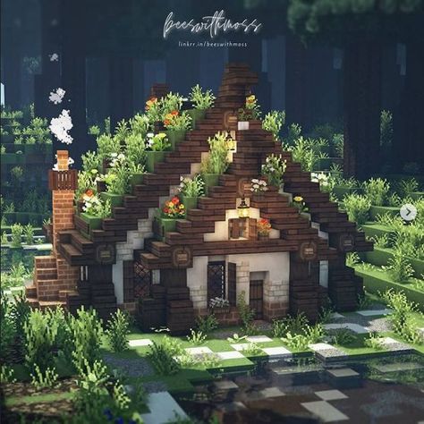 Aesthetic Minecraft Ideas To Build, Minecraft House In Dark Oak Forest, Minecraft Small Cottagecore House, Witches Cottage Minecraft, Small Witch Hut Minecraft, Stone Cottage Minecraft, Minecraft Fairytale Village, Aesthetic Mc House, Dark Oak Cottage Minecraft