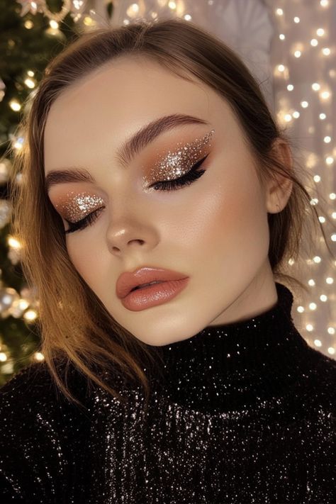 Holiday Makeup Natural, Christmas Glitter Makeup Ideas, Christmas Night Out Makeup, Sparkle Glam Makeup, Christmas Makeup Glitter, Christmas Eve Makeup Looks, Xmas Makeup Ideas, Christmas Makeup Glam, Nye Glam Makeup