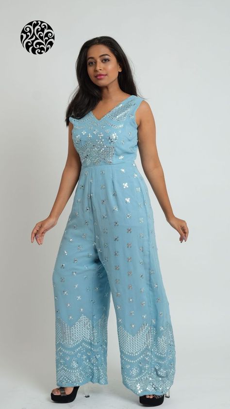 Mirror Work Jumpsuit, Indowestern Jumpsuit, Traditional Jumpsuit, Work Jumpsuit, Blue Mirror, Blue Pastel, Blue Mirrors, Mirror Work, Thread Work