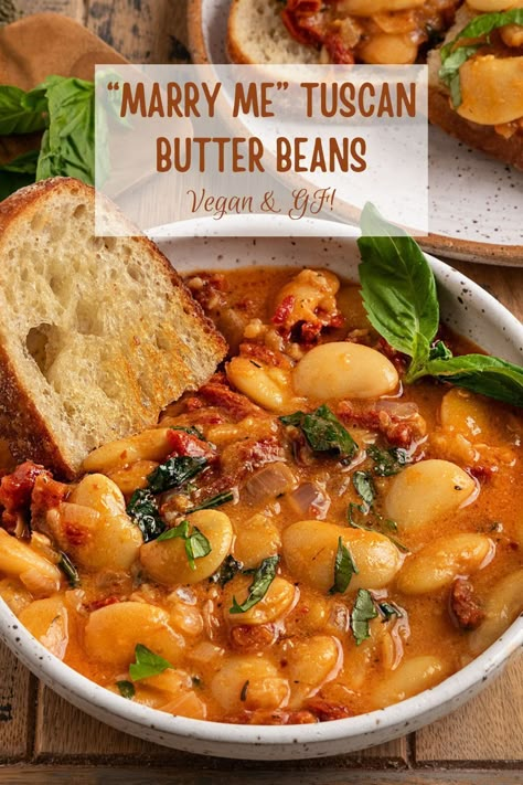 Whether you call them Marry Me Butter Beans or Tuscan White Beans, this simple dish makes the easiest vegan and gluten-free meal! With only 30 minutes required, it's a truly delicious & cozy weeknight dinner made with a rich and creamy sun-dried tomato sauce, hearty white beans, and fresh basil. Mediterranean Bean Dishes, Beans For Dinner Meals, Mediterranean Diet Meals Dinners, Good Vegetarian Recipes Dinners, Italian Bean Dishes, Marry Me Beans Vegan, Hearty Meatless Meals, Vegan Lentil Recipes Healthy, Meals Using Tomatoes